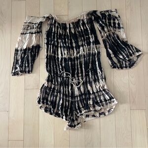 Blue Life Black and Tan Off the Shoulder Tie Dye Shorts Romper